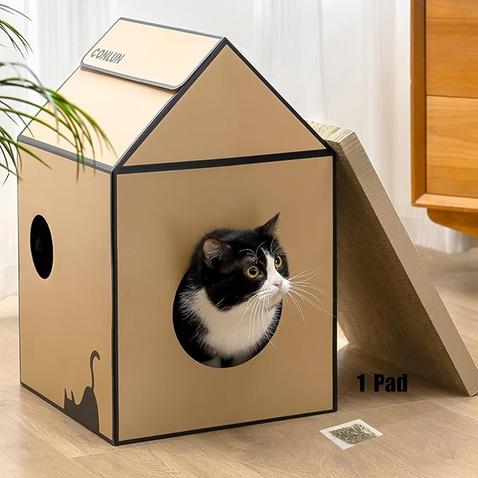 Conlun Cardboard Cat House with Scratch Pad & Catnip, Cat Play Scratching House for Indoor Hideaway Furniture, Heavy Duty Sturdy Cardboard Scratcher, Easy to Assemble Birthday Gift, Medium
