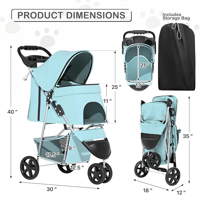 MoNiBloom 3 Wheels Pet Dog Cat Stroller for Small Medium Dogs Cats, Lightweight Foldable Jogger Stroller w/Storage Basket and Cup Holder, Mint Green