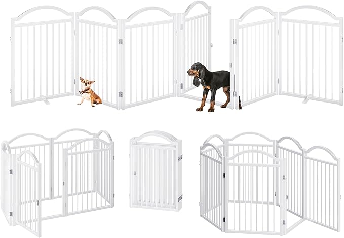 BHG Metal No-Assembly Freestanding Dog Gate with Door Walk Through, Extra Wide 144", Extra Tall 32" Pet Gate, Accordion Puppy Folding Playpen Dog Fence for Indoor & Outdoor, with 2PCS Support
