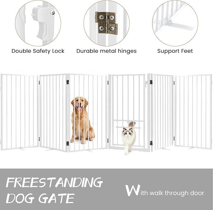 Metal Freestanding Dog Gate with Cat Door for Outdoor & Indoor,34" Tall Foldable Pet Fence,120" Extra Wide Free Standing Dog Gate for RV Camping,Stairs,Hallways,Doorways,Deck,Yard (6 Panels,White)