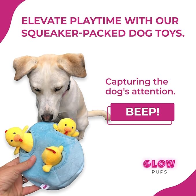Glow Pups Chicken and Egg Hide and Seek Interactive Dog Toy with Squeaker, Promotes Mental Stimulation, 7 X 6 Inches (Egg and 3 Chickens, Blue and Yellow)