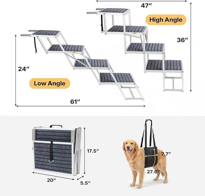 Veehoo Extra Wide Dog Steps for Car SUV Truck Foldable, 4 Steps Portable Aluminum Dog Stairs for Injured Senior Large Dogs 20" Wide, Heavy Duty Pet Ramp Ladder with Non Slip Surface, up to 170lbs