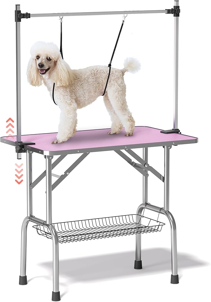 Dog Grooming Table, Adjustable Large Pet Drying Desktop, Foldable Bathing Desk with Arms, Noose, Mesh Tray, Maximum Capacity Up to 330Lb, 42in, Pink