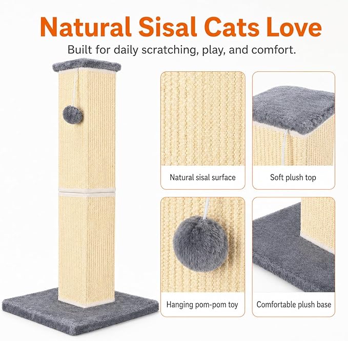 Cat Scratching Post for Large Indoor Cats & Kittens, Cat Scratcher with Extra Large Stable Base and Natural Sisal, Sturdy Cat Scratch Post to Protect Furniture & Couch, Grey, 32 Inch