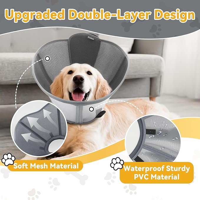 Upgraded Dog Cone Collar for Large Medium Dogs, Soft Dog Cone with Double-Layer Design, Adjustable Pet Recovery Collar for Dogs After Surgery, Elizabethan Collar (XS, Grey)