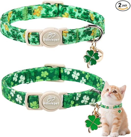 2 Pack St. Patrick’s Day Cat Collars - Breakaway Cat Collar with Bell, Lucky Clover Pendant, Adjustable Cute Green Bold Shamrock Kitten Collars for Boy Girl Cats