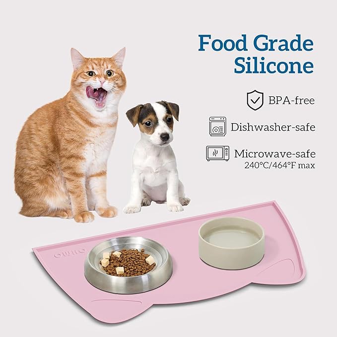 OHMO - Cat Food Mat, Silicone Pet Feeding Mat for Floor Non-Skid Waterproof Dog Water Bowl Tray, Easy to Clean Pet Placemat (Pink, 20 * 12'')