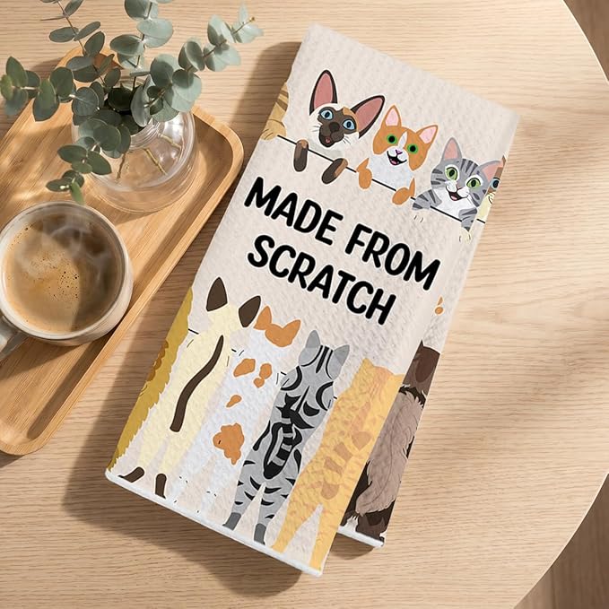 2 Pcs Funny Cat Kitchen Towels 24x14 Inch, Cats Gifts Reusable Dish Towels for Kitchen Bathroom Decor, Waffle Weave Hand Cloth Tea Towel, Cute Cat Lover Gifts for Women Mom Friend