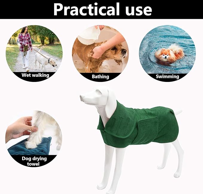 Geyecete Dog Drying Coat -Dry Fast Dog Bag - Dog Bathrobe Towel - Microfibre Fast Drying Super Absorbent Pet Dog Cat Bath Robe Towel,Luxuriously Soft-Green-S