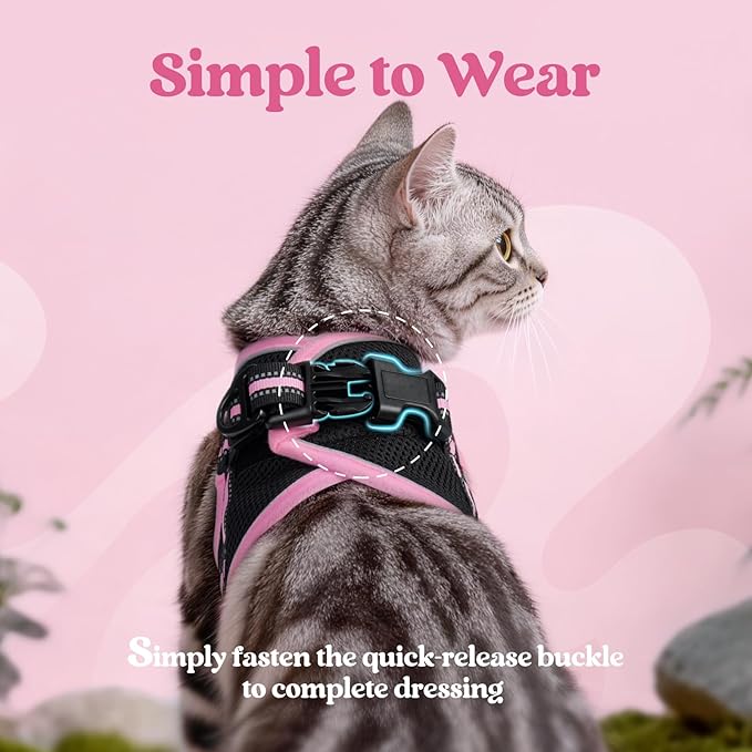 rabbitgoo Cat Harness and Leash, Step-in Escape Proof Kitten Harness Set, Soft Comfortable Cat Vest, Easy to Wear and Adjust, Reflective for Safe Outdoor Walking, Black&Pink, Large