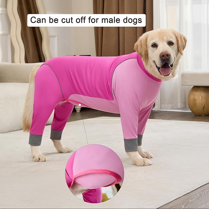 Dog Onesie Coat - Water-Repellent & Stretchable, Dirt-Resistant Outdoor Puppy Suit with Reflective Strips | Controls Shedding | for Small, Medium, Large Dogs (Fuchsia Pink, 3XL(Weight 33-50 lbs))
