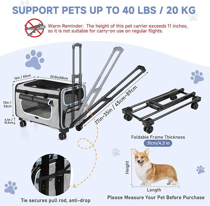Pet Carrier with Wheels for Cats and Dogs, Pet Bag with Detachable Wheels & Washable Plush Pad, Escape-Proof Zipper & Shoulder Strap, Portable Carrier for Outdoor and Car Travel(Max. 40 lbs)