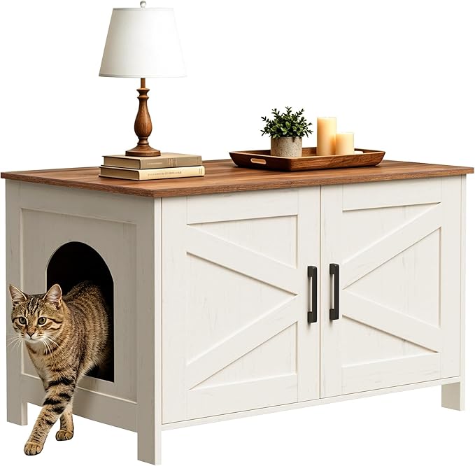 Homhedy Cat Litter Box Enclosure,Litter Box Furniture Hidden with Barn Door,Wooden Cat Washroom Furniture,Fit Most of Litter Box, Rustic White and Brown