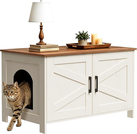 Homhedy Cat Litter Box Enclosure,Litter Box Furniture Hidden with Barn Door,Wooden Cat Washroom Furniture,Fit Most of Litter Box, Rustic White and Brown