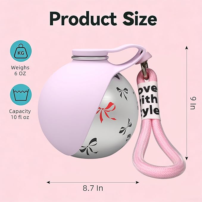2 In 1 Portable Dog Water Bottle with Foldable Silicone Bowl, 10 Oz Travel Water Bottle for Dogs Drinking, Leakproof Stainless Steel Pet Water Bowl for Outdoor Walking Hiking Camping (Pink with Print)