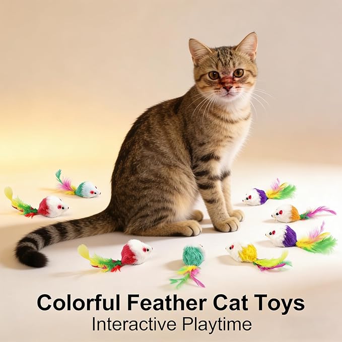 Cat Mouse Toy - 15 Pack Furry Rattle Mouse Toys for Cats with Feather Tail, Realistic Plush Kitten Toys with Catnip & Rustling Sound, Interactive Cat Toys for Indoor Cats