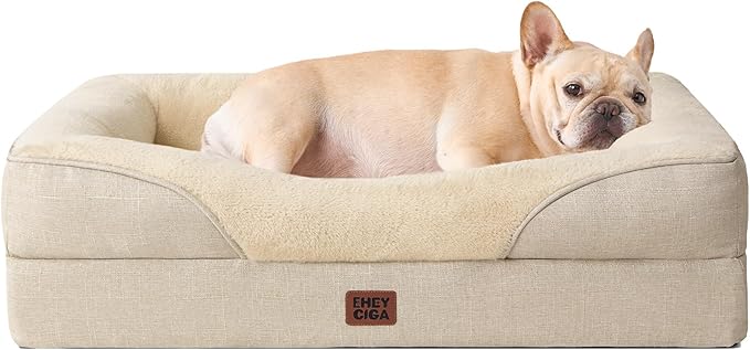 EHEYCIGA Orthopedic Dog Bed for Medium Dog, 30x20 Inch Memory Foam Dog Couch Bed with Sides, Waterproof Liner & Washable Removable Cover, Bolster Pet Sofa, Beige