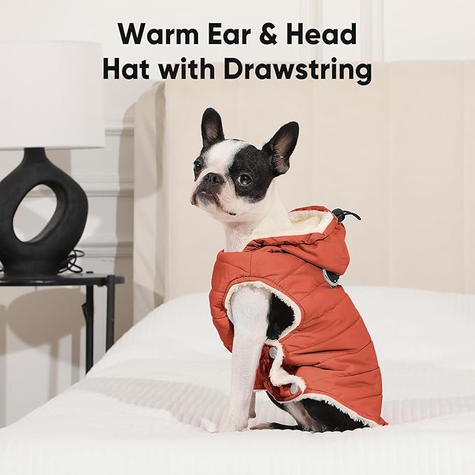 Vecomfy Fleece Lining Dog Hoodie with Harness Built in,Extra Warm Medium Dog Jacket in Winter Doggie Coats with Drawstring Hooded,Orange XL
