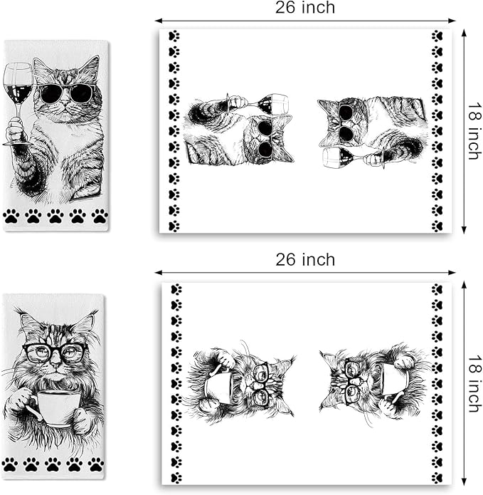 Funny Cat Kitchen Dish Towels Set of 2, Black White Coffee Wine Drying Hand Towel Baking Cooking Cloth, Paw Print Bar Pub Cafe Home Decoration Gifts for Pet Cat Owner Lovers 18'' x 26''