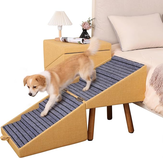 21.06”H Dog Stairs for High Bed, 6-Step Pet Stairs with Split Ottoman Design - Tall Dog Steps Convertible to Bedside Table Nightstand, Large Non-Slip Stairs for Big Medium Dogs to Bed(Yellow)