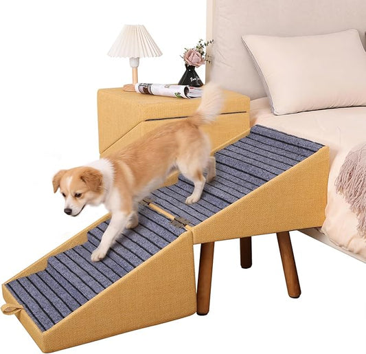 21.06”H Dog Stairs for High Bed, 6-Step Pet Stairs with Split Ottoman Design - Tall Dog Steps Convertible to Bedside Table Nightstand, Large Non-Slip Stairs for Big Medium Dogs to Bed(Yellow)