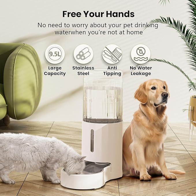CZPET Dog Water Bowl Dispenser 9.5L, Wider Mouth & Upgraded Brush, Easy Cleaning Automatic Cat Gravity Refilling Waterer with Removable Stainless Steel Bowl, Large Drinking Area for Multi-Pet (White)