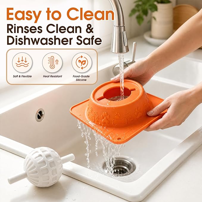 Slow Feeder Dog Bowls, Anti-Slip Dog Lick Bowl with Interactive Rolling Ball, Anxiety Relief Liquid Treat Feeder, Bone Broth Yogurt Licking Toy for Small Medium Large Dogs and Cats(Orange)
