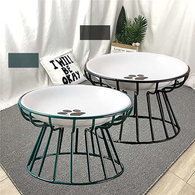 Ceramic Cat Bowls with Metal Stand,Elevated Cat Bowl Raised Kitten Food&Water Feeding Shallow Dish for Indoor Cats,Puppies,Small Dogs(Green)