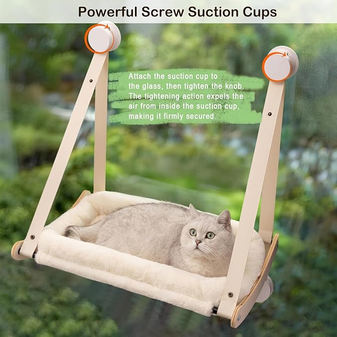 Cat Window Perch, Cat Hammock for Window with 4 Strong Suction Cups - Easy Assembly, Solid Wood Frame with Large Cats Bed - Supports Up to 40lbs for Indoor Cats Beige