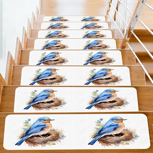 Animal Blue Bird Stair Treads for Wooden Steps Indoor Washable Staircase Carpet 10PCS 30"x7.8" Stair Step Treads Non-Slip Staircase Covers Peel and Stick Safety Mat for Kids Elders Pets