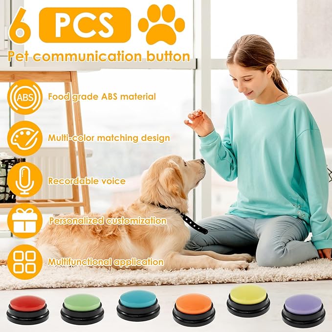 6Pcs Dog Buttons for Communication with Nonslip Mat and 25 Stickers, Plastic Dog Buttons Talk, 30s Recordable Dog Training Buttons, Dog Talking Buttons for Pet Talk Training