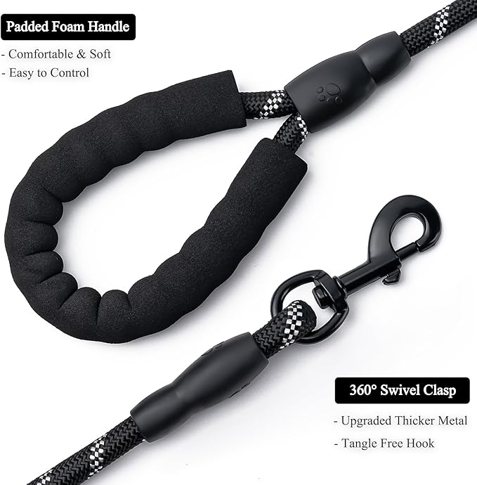 2 Pack Dog Leash, 4/5//6 FT Heavy Duty Nylon Rope Pet Leashes with Comfortable Padded Handle, Reflective Dog Leashes for Small Medium and Large Dogs (5FT-3/8,Black/Blue)