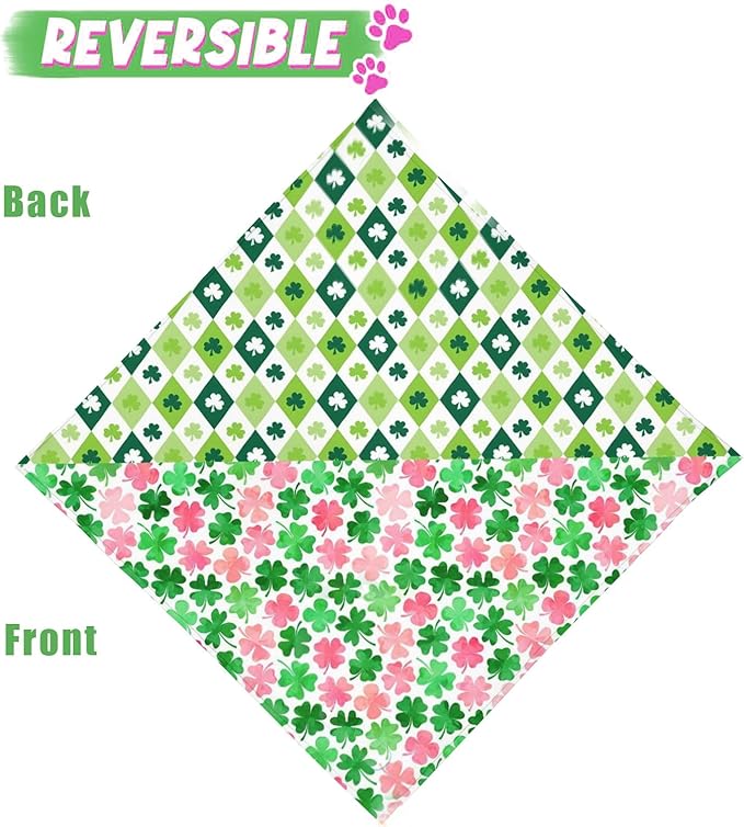 St. Patrick's Day Dog Bandana Reversible 2 Pack, St. Patricks Day Pet Bandanas for Dogs Cute Green Shamrock Adjustable Triangle Holiday Scarves for Medium Large Extra Large Boy Girl Dogs