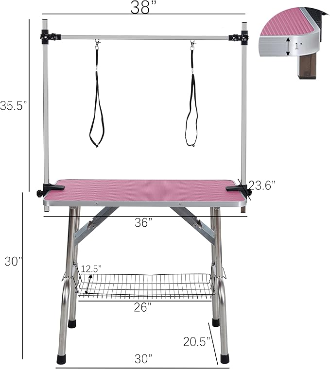 Professional Dog Pet Grooming Table Adjustable Heavy Duty Portable w/Arm & Noose & Mesh Tray (Pink, 36")