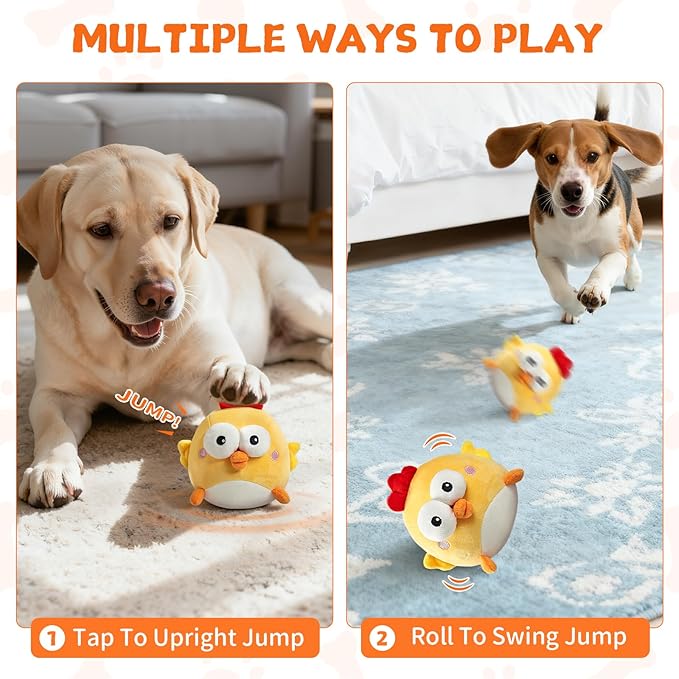 Interactive Dog Toy Ball for Small Dogs, Rechargeable Chicken Bounce Ball with Upgrade Removable Zipper for Large Dogs, Squeaky Move Jump Toy for Pets Keep Busy, No Loud Music (Yellow Chicken)
