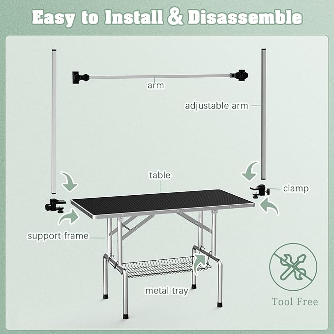 Lyromix Dog Grooming Table, Adjustable Large Pet Drying Desktop, Foldable Bathing Desk with Arms, Noose, Mesh Tray, Maximum Capacity Up to 330Lb