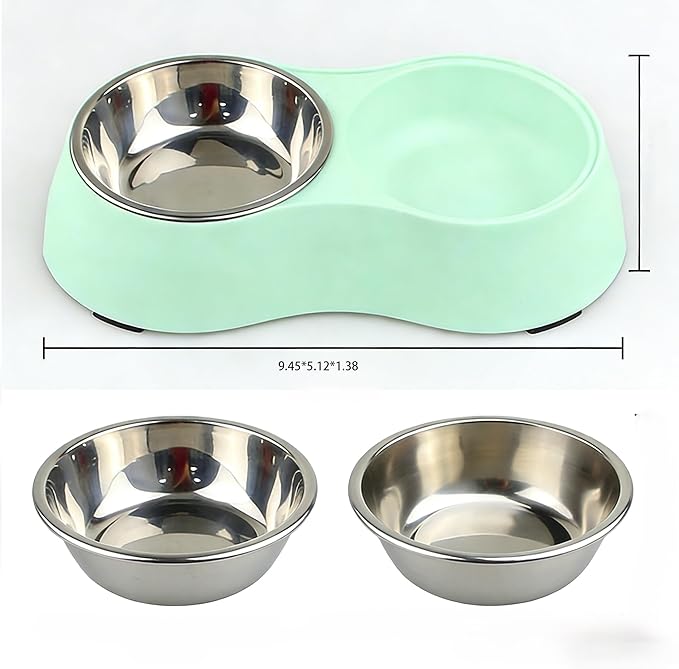 Double Pet Bowl Set for Small Dogs & Cats, Green Non-Slip Stainless Steel Food Water Bowls, BPA-Free Mess-Free Feeding Station for Kittens, Puppies and Tiny Pets