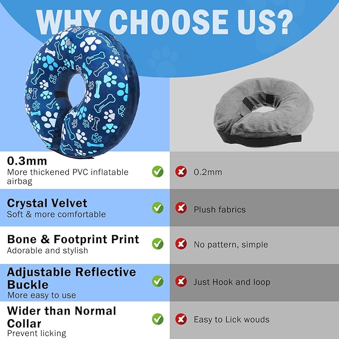 SCENEREAL Dog Cone Alternative After Surgery Donut Collar, Soft Pet Recovery Pillow Collar for Medium Large Dogs, Inflatable Adjustable Neck Collars to Prevent Licking, Blue Footprints S