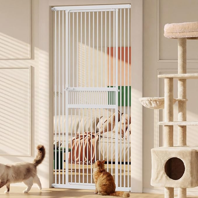 Gardner Pet Extra Tall Cat Gate 49"-86" Adjustable Height, Tall Pet Gate for Doorways/Hallways with 27.5"-37" Adjustable Width Baby Gate with 4 Extensions Kits, No Drilling Pressured Mounted (White)