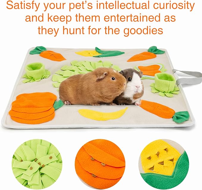24''x24'' Rabbit Foraging Mat with Handle Pet Snuffle Mat Interactive Feed Game Treat Dispenser for Dogs Rabbits Bunny Guinea Pigs Ferrets Chinchillas, Beige