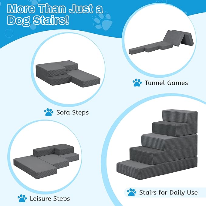 Dog Stairs for Small Dogs, 22" H Dog Steps for High Bed, 5 Steps 3 in 1 Foldable Pet Ramp for Large Cats Climb, Transformable Large Cats Ramp to Get on Couch, Non-Slip Balanced, Dark Grey