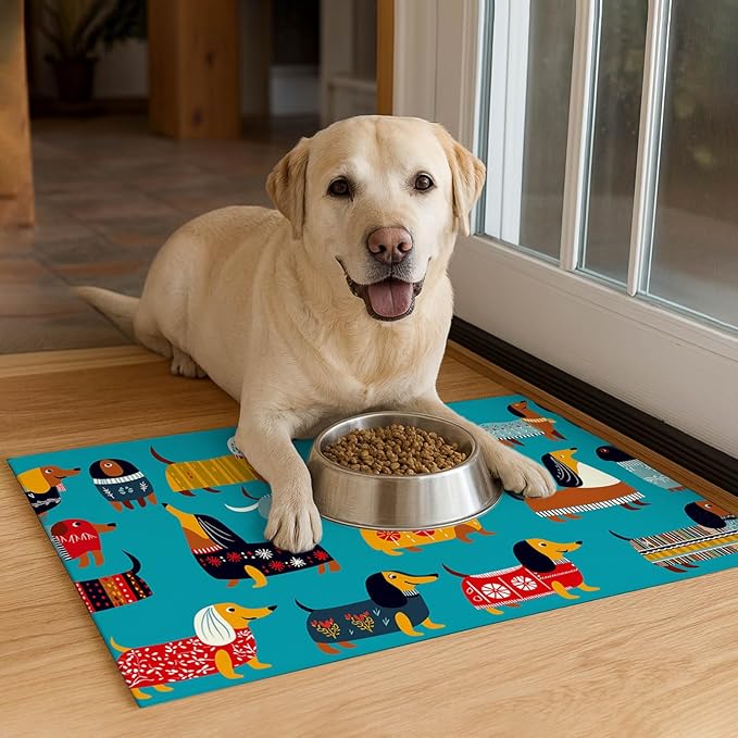 HOMETITUTE Dachshund Dog Design 24x16 inch Non Slip Dog Food Mat Pet Bowl Placemat for Food and Water Small Dog Bowl Mats Cat Food Mat Easy to Clean Feeding Mats for Small Pets Cute