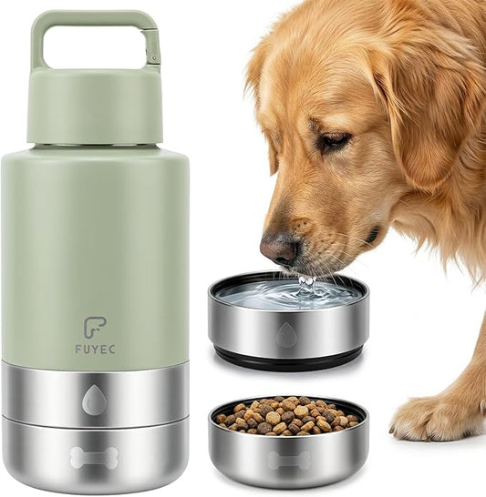 32oz Insulated Dog Water Bottle Dispenser, 3-in-1 Stainless Steel Travel Cup with 2 Detachable Food and Water Bowls, Leak Proof Large Pet Gear, Ideal Gift for Dog Lovers