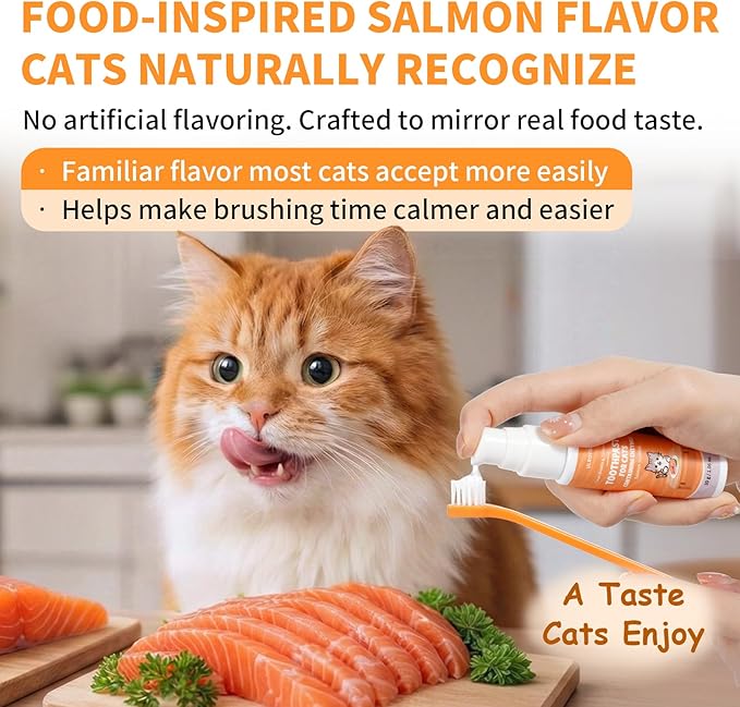 Cat Dental Kit with Salmon Flavor Toothpaste 1.06 oz | Enzymatic Cat Toothpaste, Includes Toothbrush & Finger Brush | Gentle Plaque & Breath Care