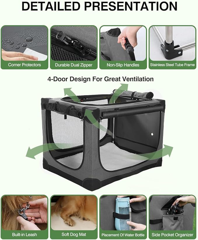 Veraste 42" L x 31" W x 31" H Collapsible Travel Dog Crate, Quick-Setup Portable Soft Dog Kennel for Large Dogs up to 90 lbs, 4-Door Foldable Travel Crate with Storage Bag, Grey