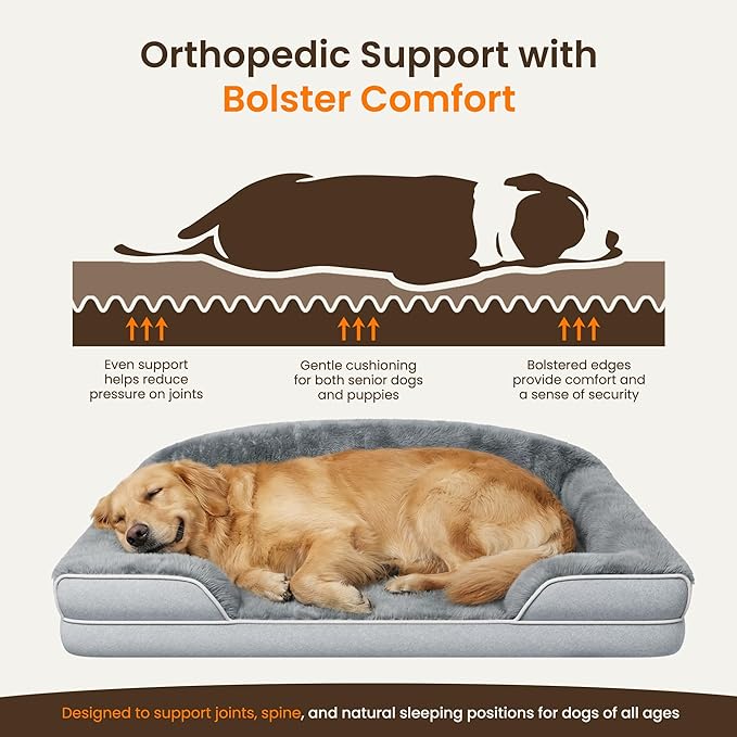 Orthopedic Jumbo Dog Bed for Giant Dogs, 48 x 35 Inch Waterproof Memory Foam XXL Dog Sofa Bed with Sides, Non-Slip & Washable Removable Cover, Light Grey