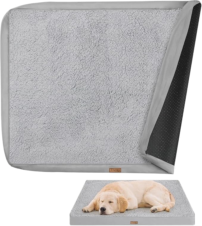 Dog Bed Cover, Washable Replacement Large Dog Bed Sheet with 3-Sided Continuous Zipper, Waterproof Liner, Soft Plush, Pet Mattress Fluffy Protector, 44x32x3 inches - XL, Cover Only Grey