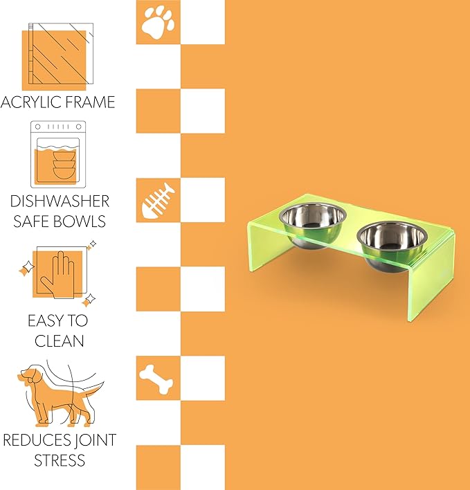 THE LICKER Store DBL2001G Keaton 7.5" Medium/Large Modern Acrylic Rectangular Elevated Pet Feeder with 54oz 2-Stainless Steel Bowls, Green/Chrome