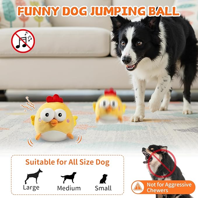 Interactive Dog Toy Ball for Small Dogs, Rechargeable Chicken Bounce Ball with Upgrade Removable Zipper for Large Dogs, Squeaky Move Jump Toy for Pets Keep Busy, No Loud Music (Yellow Chicken)