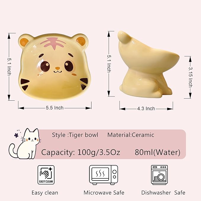 Tiger Style Raised Cat Dish - Ceramic Elevated Pet Bowl with 15° Angle, 120g Capacity for Food/Water,for Pets cat or Dogs